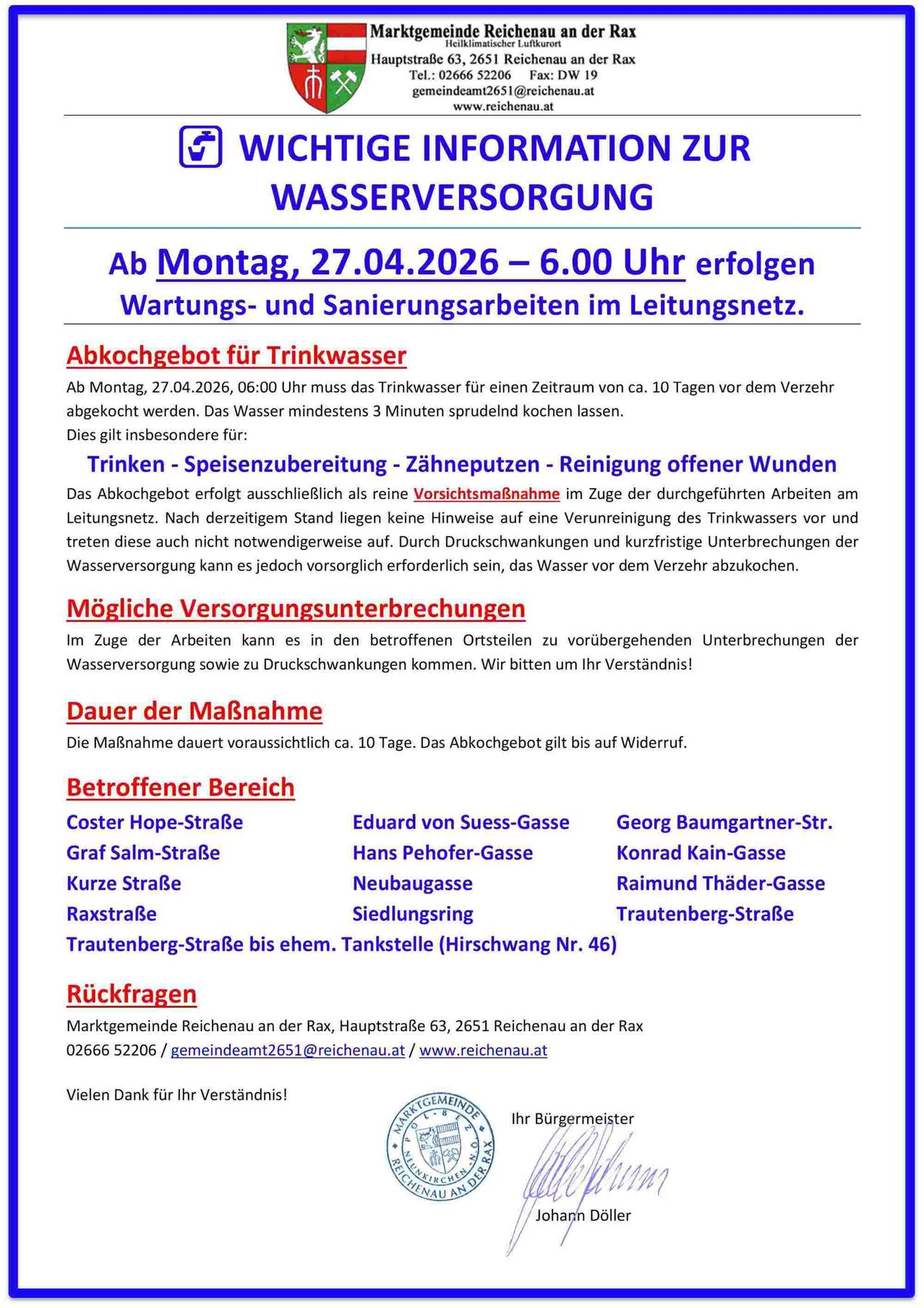 Notice for boiling drinking water. On Monday, April 27, 2026, at 6:00 AM, drinking water must be boiled for a period of 10 days before use. Boiling for at least 3 minutes is required. For drinking, food preparation, teeth cleaning, and cleaning open wounds. Water supply interruptions may occur. Contact Reichenau at 02666 52206 or via email.
