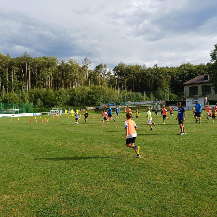 Kinder spielen auf einem Rasenfeld eine Fußballtrainingseinheit, wobei orangefarbene Hütchen die Grenzen markieren. Der Himmel ist bewölkt.