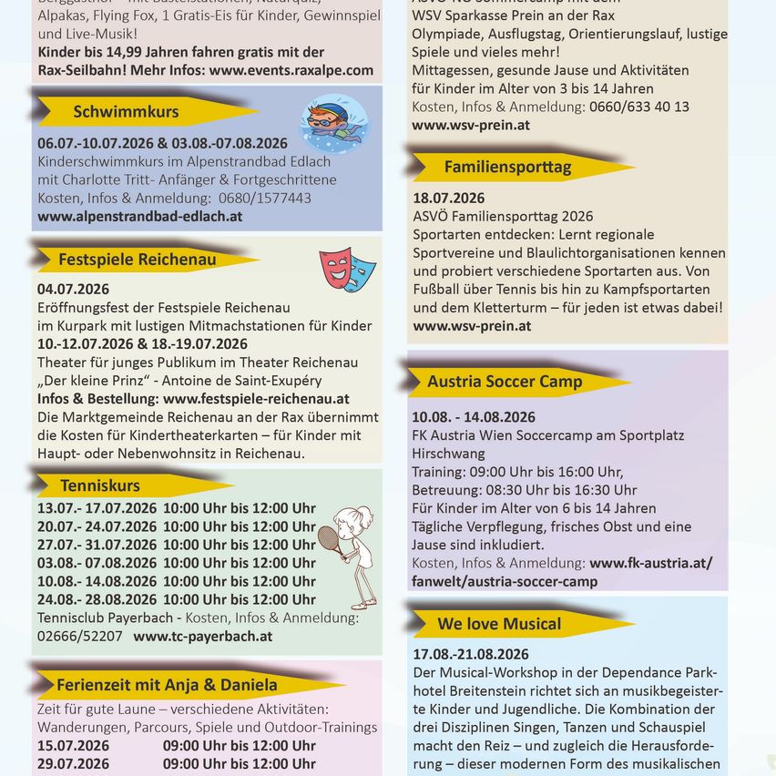 Event schedule offers swimming courses, theater plays, and a soccer camp. Swimming courses are on specific dates in July and August, and theater plays run from July 10 to July 12 and July 18 to July 19. The soccer camp is from August 10 to August 14.
