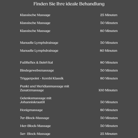 Liste der Massagebehandlungen und deren Dauer in Minuten in einem Massagestudio. Von 25 Minuten bis 100 Minuten.