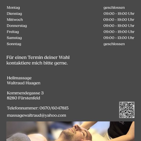 Die Öffnungszeiten des Massagetherapeuten sind von Montag bis Sonntag aufgeführt. Das Geschäft ist sonntags geschlossen. Das Geschäft befindet sich in der Kommendegasse 3, 8280 Fürstenfeld. Das Geschäft kann per E-Mail unter massagewaltraud@yahoo.com kontaktiert werden.