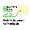 Logo des Mobilitätsvereins Hafnerbach mit Sonne, Auto und Ladekabel. Die Sonne ist gelb mit Strahlen. Das Auto ist grün und hat einen Stecker an der Seite. Der Text ist in fetter schwarzer Schrift.