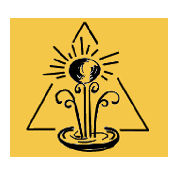 Eine Illustration eines Globus mit einem Wasserbrunnen in der Mitte, umgeben von einem gelben Hintergrund und drei dreieckigen Formen