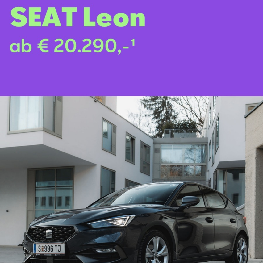 Ein schwarzer SEAT Leon ist vor einem modernen Gebäude mit Glasfenstern geparkt. Das Auto hat ein Nummernschild mit der Aufschrift 'SE 996 TJ'. Das Bild hat eine lila Überlagerung mit weißem Text, der 'SEAT Leon ab € 20.290,-' angibt.