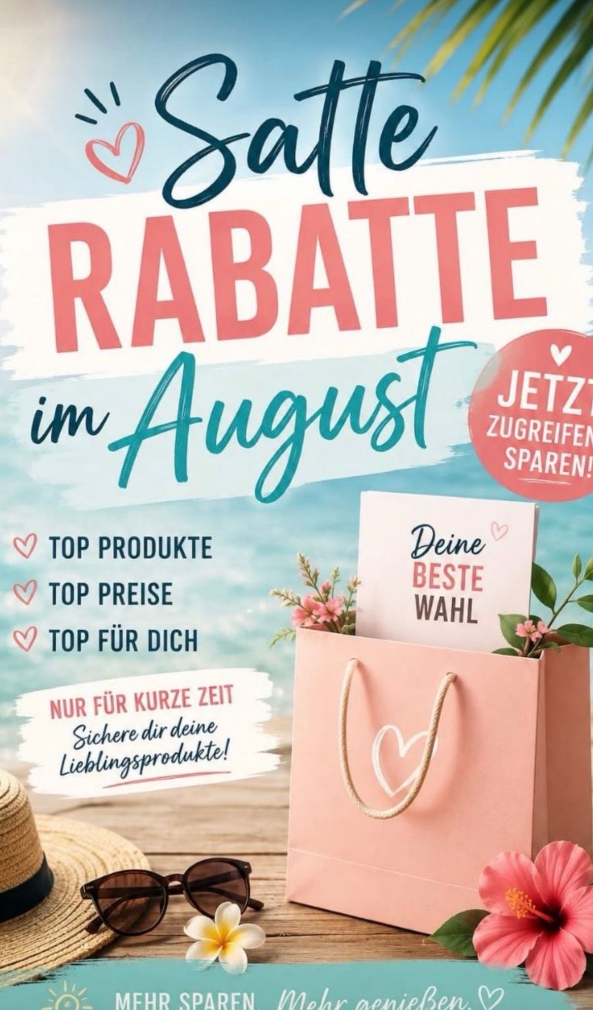 Ein Werbeposter für August-Rabatte mit einem rosa Einkaufsbeutel mit Blumen, einem Herz und einer Karte, die 'Deine Beste Wahl' lautet. Das Poster hebt Top-Produkte, Preise und Angebote für eine begrenzte Zeit hervor.