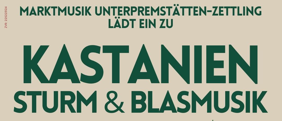Plakat für Kastanien Sturm & Blasmusik Veranstaltung am 18. Oktober 2026 um 14:00 Uhr in der Schulstrasse 6, Premstatten. Fünf Blätter in Grün, Gelb und Orange repräsentieren die Veranstaltung.