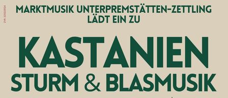 Plakat für Kastanien Sturm & Blasmusik Veranstaltung am 18. Oktober 2026 um 14:00 Uhr in der Schulstrasse 6, Premstatten. Fünf Blätter in Grün, Gelb und Orange repräsentieren die Veranstaltung.