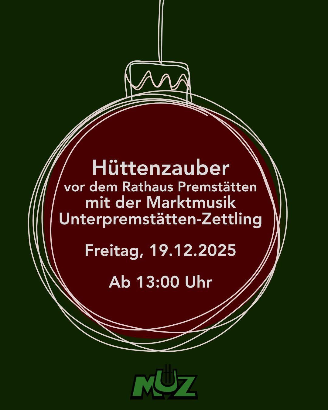 Eine kreisförmige Ankündigung in deutscher Sprache für eine Weihnachtsmarktveranstaltung namens 'Hüttenzauber' am 19. Dezember 2025, beginnend um 13:00 Uhr.