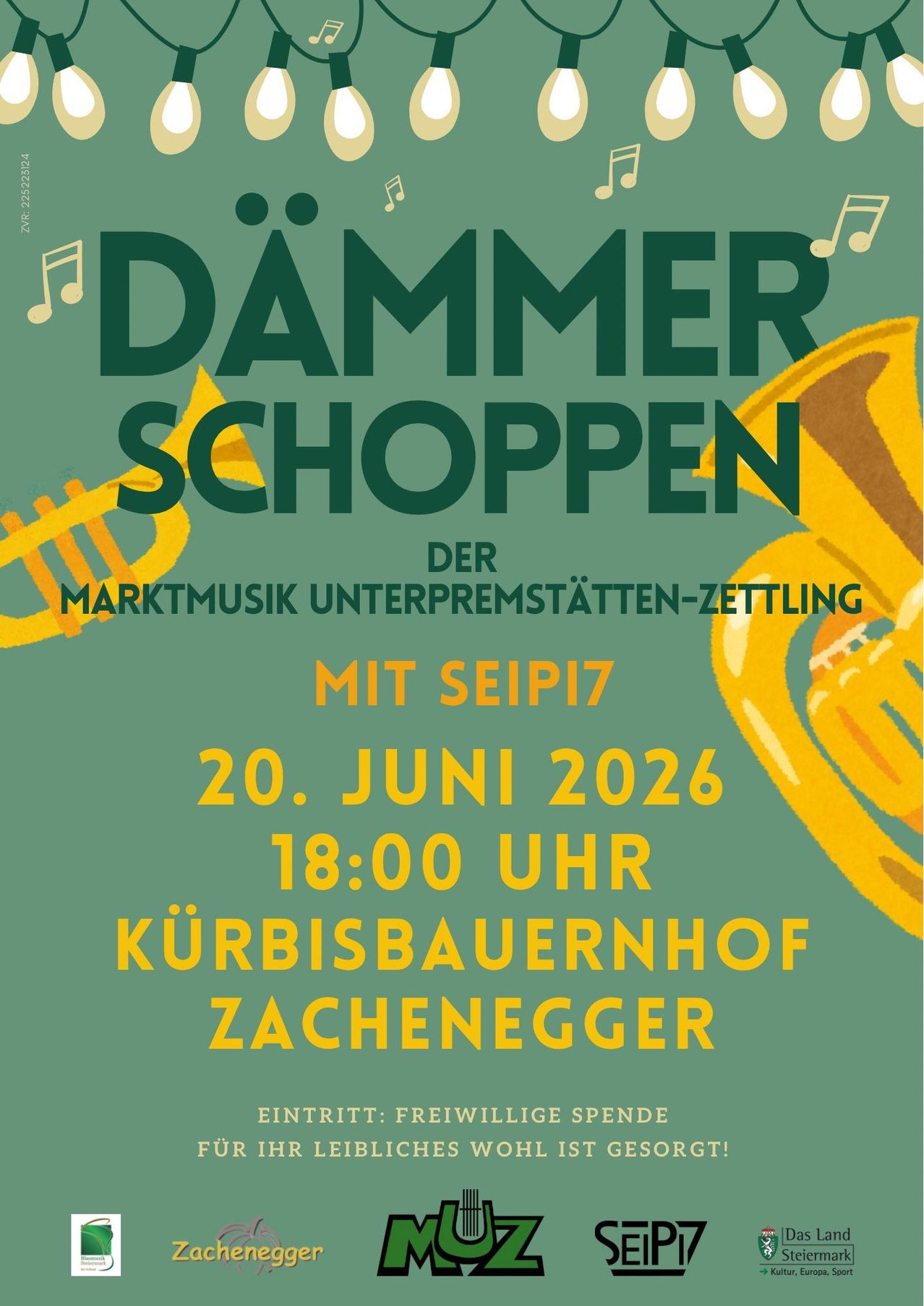 Plakat für Dämmerschopp'n Marktmusik-Veranstaltung mit Seip17 am 20. Juni 2026 um 18:00 Uhr am Kürbisbauernhof Zachenegge. Der Hintergrund ist mit Musikinstrumenten und Noten geschmückt.