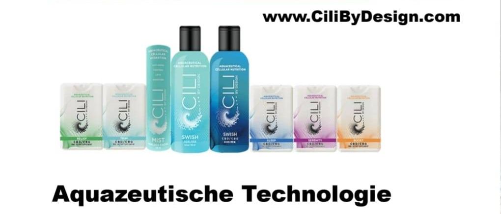 Das Bild bewirbt Cili By Design Produkte, darunter Flaschen mit CBD- und CBG-Ölen, und betont deren aquazeutische Technologie für optimale Absorption. Die Produkte werden als rein, essenziell und nährstoffreich beschrieben, mit über 90 Vitaminen, Mineralien, Nootropika und Elektrolyten.