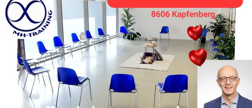 Plakat für ein öffentliches systemisches Familienworkshop. Zeigt blaue Stühle, ein Logo und ein Bild von Martin Hannes Hammelhofer. Es enthält eine Website, Adresse und Telefonnummer.