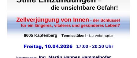 Plakat für Zellgesundheits-Event von Dipl. Lebens-und Sozialberater, mit Martin Hannes Hammelhofer. Geplant für den 10. April 2026 im Tennisstuberl, Kapfenberg. Anmeldung bei Martin Hammelhofer oder Christa Mara Bosendorfer.