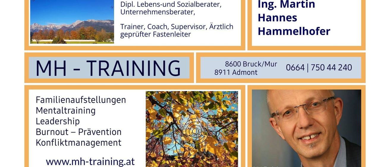 Eine Anzeige für ein Trainingsunternehmen mit einem Bild eines Mannes. Das Unternehmen spezialisiert sich auf Training, Coaching, Supervision und Management. Kontaktdaten sind angegeben.