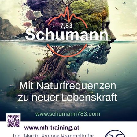 Werbung für Schumann mit einem menschlichen Kopf, der sich mit einem Baum und Wasser verschmelzt. Es fördert natürliche Frequenzen für neue Lebenskraft. Website und Kontaktdaten werden bereitgestellt.