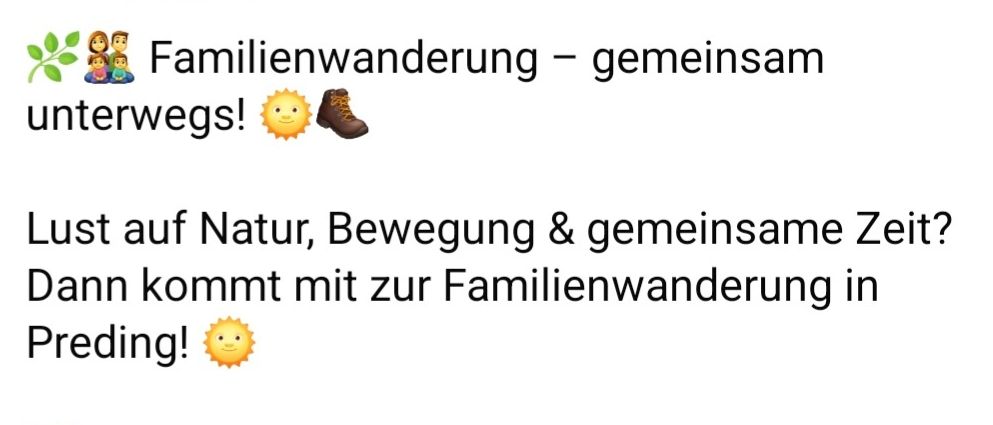 Am 12. April 2026 findet um 11:00 Uhr eine Familienwanderung in Preding statt. Der 6,7 km lange Kürbisrundwanderweg führt durch wunderschöne Wald- und Naturwege, vorbei an idyllischen Teichen. Nach der Wanderung gibt es die Möglichkeit zur gemütlichen Einkehr beim Heurigen oder im Predinghof.