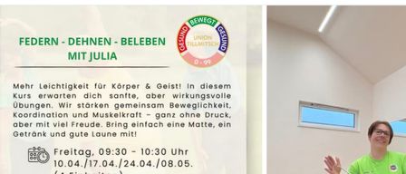 Eine Person sitzt auf einem blauen Fitnessball in einem Raum. Die Frau lächelt und hält ein Widerstandsband. Der Text auf der linken Seite ist in Deutsch. Der Text lautet 'Bewegt Gesund Tillmitsch'. Das Bild ist unscharf.