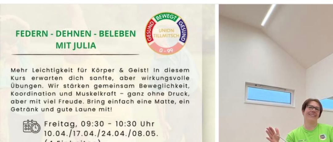 Eine Person sitzt auf einem blauen Fitnessball in einem Raum. Die Frau lächelt und hält ein Widerstandsband. Der Text auf der linken Seite ist in Deutsch. Der Text lautet 'Bewegt Gesund Tillmitsch'. Das Bild ist unscharf.