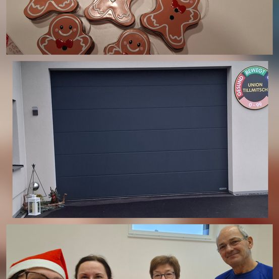 Eine Collage von Bildern zeigt eine Garagentür, eine Gruppe von Lebkuchenmännchen und eine Familie, die ein Foto macht. Die Tür hat ein Logo von Union Tillmitsch und ein Gesundheitsschild.