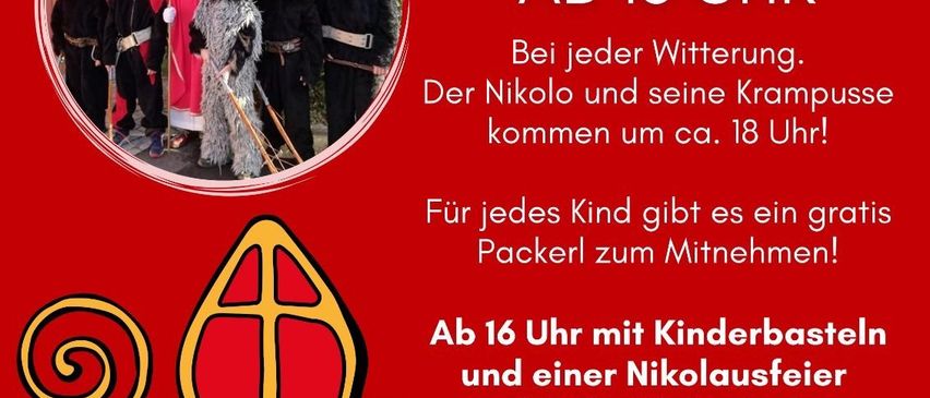 Plakat für FF Untergrossau. Es zeigt eine Zeichnung von St. Nikolaus und Krampus. Veranstaltungsdatum und -zeit sind der 5. Dezember, ab 16 Uhr.