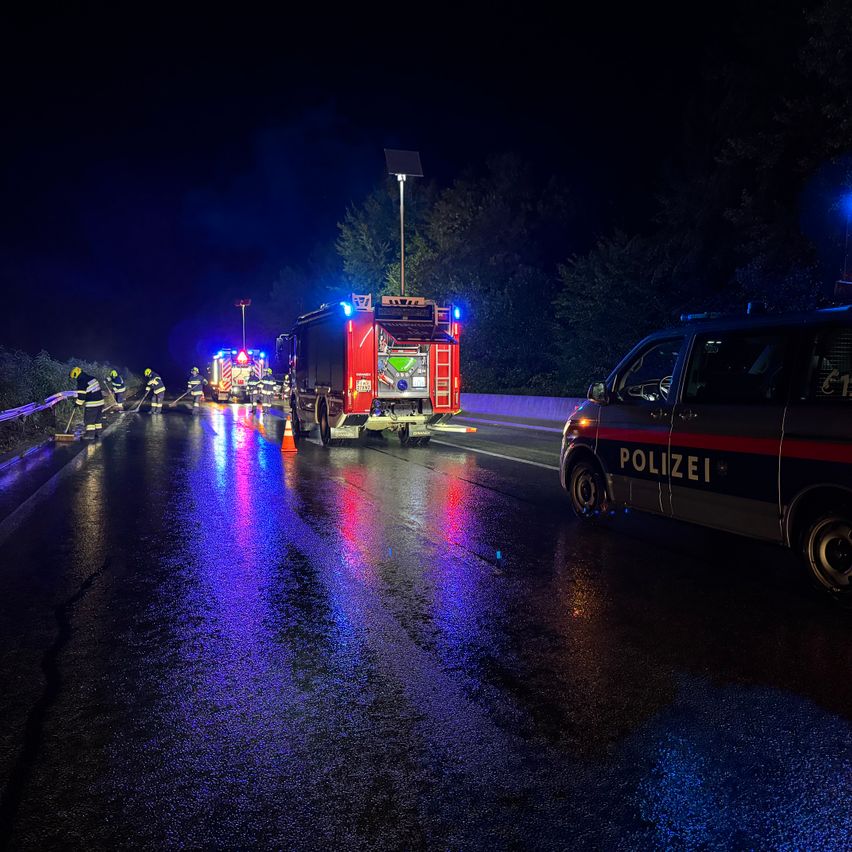 In der Nacht sind ein Polizeiwagen und ein Feuerwehrfahrzeug mit blauen und roten Lichtern auf der Straße geparkt. Notfallpersonal steht am Straßenrand.