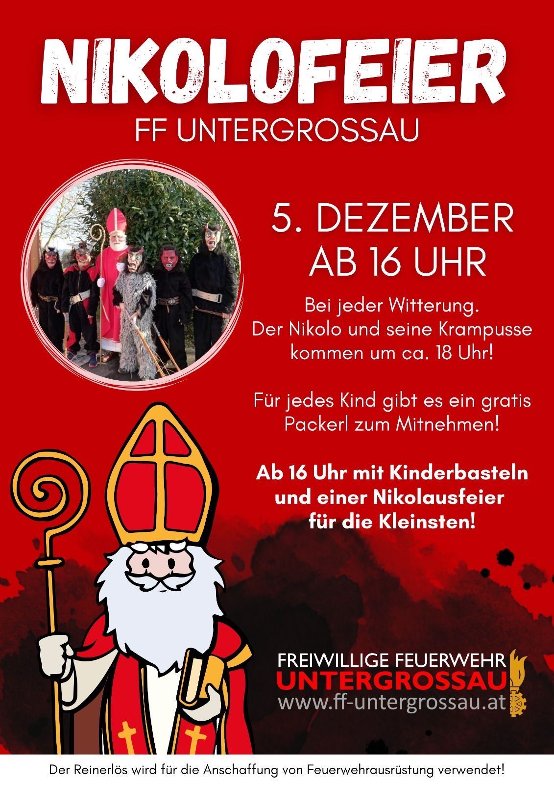 Plakat für FF Untergrossau. Es zeigt St. Nikolaus und Krampus. Die Veranstaltung findet am 5. Dezember ab 16 Uhr statt.