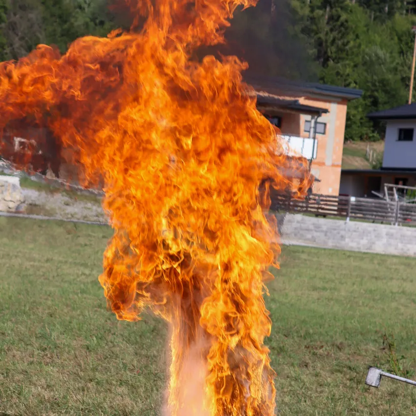 Ein großer Feuersturm umgibt einen Baum auf einer Wiese mit Häusern und Bäumen im Hintergrund.