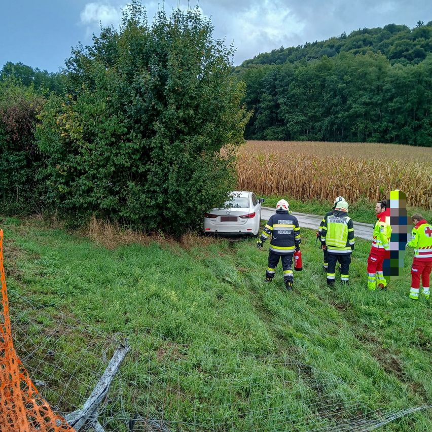 Rettungskräfte kümmern sich um ein Auto, das in einen Baum an der Straßenseite geprallt ist. Das Auto ist weiß und hat Schäden erlitten. Die Einsatzkräfte tragen Schutzausrüstung.