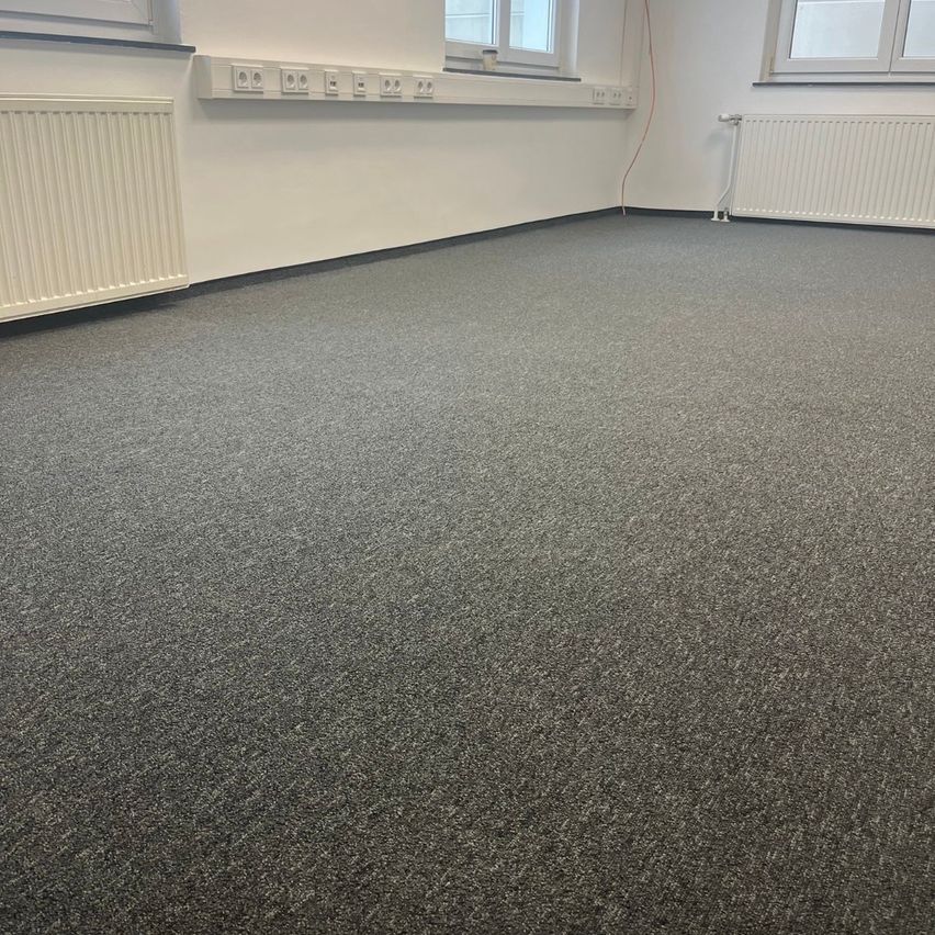 An empty room with white walls and a gray carpet floor. Two windows and a radiator are present.