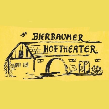 Ein gelbes Poster mit einer Skizze eines Bauernhauses, beschriftet mit 'Bierbaumer Hoftheater', mit einer scheunenartigen Struktur, einem gewölbten Eingang und einem Schornstein.