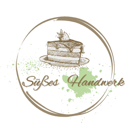 Illustration eines Kuchens mit einer Erdbeere darauf, umgeben von einem braunen Kreis mit dem Text 'SizBes Handwerk' in stilisierter Schrift.