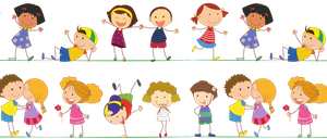 Ein animiertes Bild zeigt mehrere Kinder in verschiedenen Posen, darunter eins mit Hula-Hoop, ein anderes mit einer Blume und andere, die tanzen. Die Kinder sind in verschiedenen Farben und Outfits gekleidet.