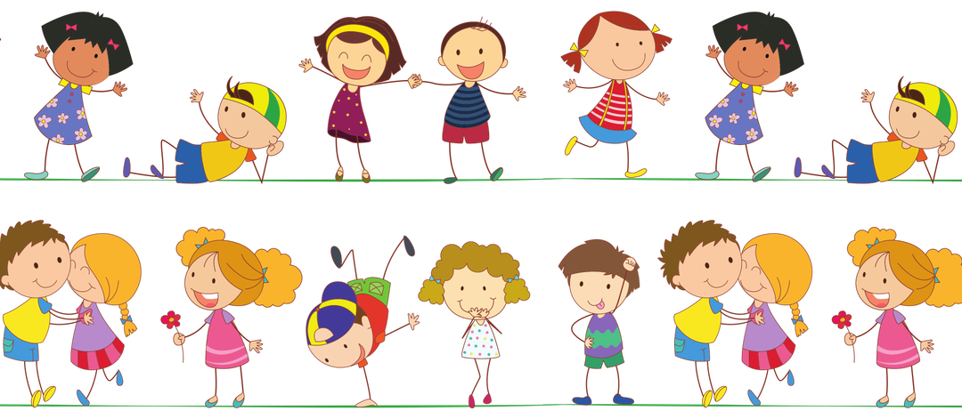 Ein animiertes Bild zeigt mehrere Kinder in verschiedenen Posen, darunter eins mit Hula-Hoop, ein anderes mit einer Blume und andere, die tanzen. Die Kinder sind in verschiedenen Farben und Outfits gekleidet.