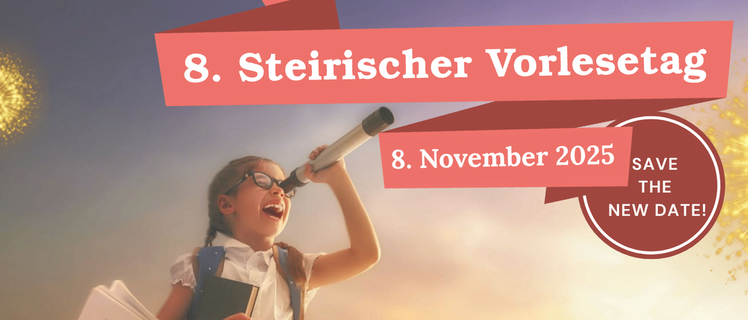 Plakat für den 8. Steirischen Vorlesetag am 8. November 2025. Ein Mädchen hält ein Fernrohr und liest ein Buch. QR-Code für weitere Infos.