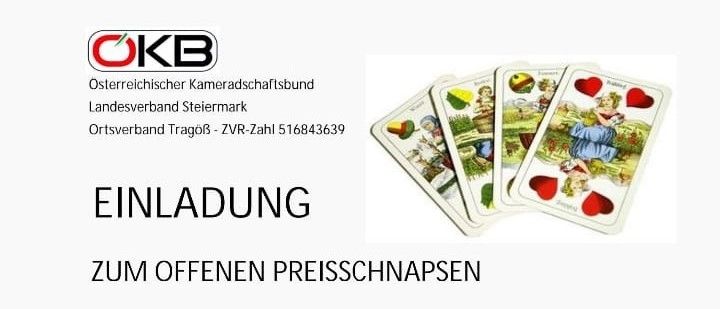 Ein Bild zeigt das Logo des Osterreichischer Kameradschaftsbund mit dem Text 'EINLADUNG ZUM OFFENEN PREISSCHNAPSEN' und vier Spielkarten rechts.