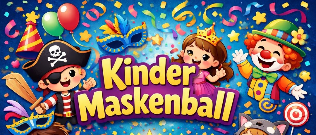 Illustration einer Kindermaskenball-Party mit Luftballons, Masken und Kindern in Kostümen. Das Wort Kinder Maskenball ist prominent angezeigt.