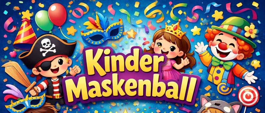 Festliche Abbildung mit Kindern in Kostümen, Ballons und Dekorationen. Ein Cupcake mit Kerze, eine Trommel und Süßigkeiten. Der Titel lautet 'Kinder Maskenball'.