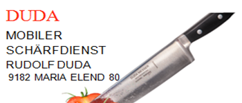 Das Bild zeigt ein scharfes Messer mit der Marke 'DUDDA', das eine Tomate schneidet. Darunter befindet sich die Telefonnummer 0650 50 53 202 und die Adresse 9182 Maria Elend 80. Darunter sind der Text 'MOBILER SCHÄRFDIENST' und 'RUDOLF DUDDA' zu sehen.