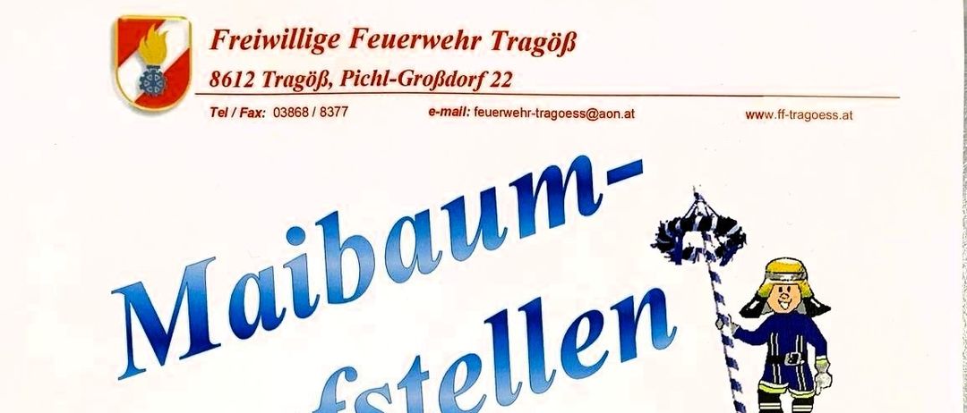 Der Flyer ist von der Freiwilligen Feuerwehr Trägoß, Pichl-Großdorf 22. Er enthält eine Comic-Figur eines Feuerwehrmanns, eine Telefonnummer und eine E-Mail-Adresse.