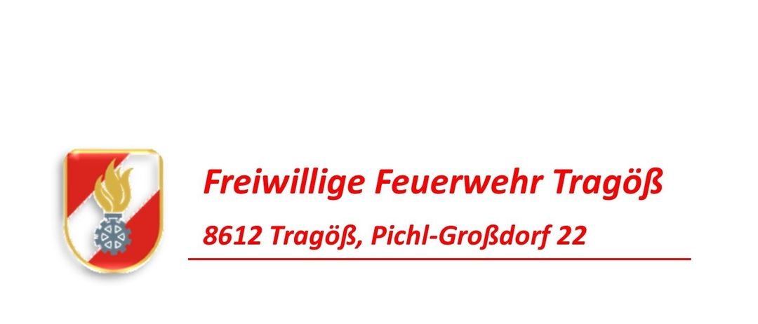 Das Bild zeigt ein Logo für Freiwillige Feuerwehr Tragöß, mit Sitz in 8612 Tragöß, Pichl-Großdorf 22. Das Logo beinhaltet einen Schild mit Text und Zahlen.