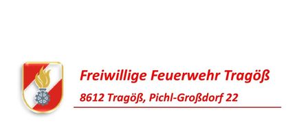 Ein weißer Hintergrund mit einem roten und goldenen Logo auf der linken Seite. Darunter steht der Text 'Freiwillige Feuerwehr Trago 8612 Trago, Pichl-Grosdorf 22'. Das Logo hat einen gelben Schild mit einem roten und weißen Design.