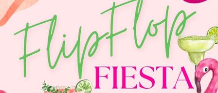 Cocktail party poster for Fiesta, featuring a drink, French fries, and a pink flamingo. Event is on Friday, July 17 at Gasthaus Merl. Starts at 5 PM.