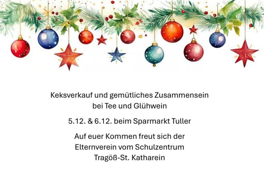 A holiday-themed image with ornaments, stars, and a wreath. It promotes a cake sale and gathering at a supermarket on December 5th and 6th.