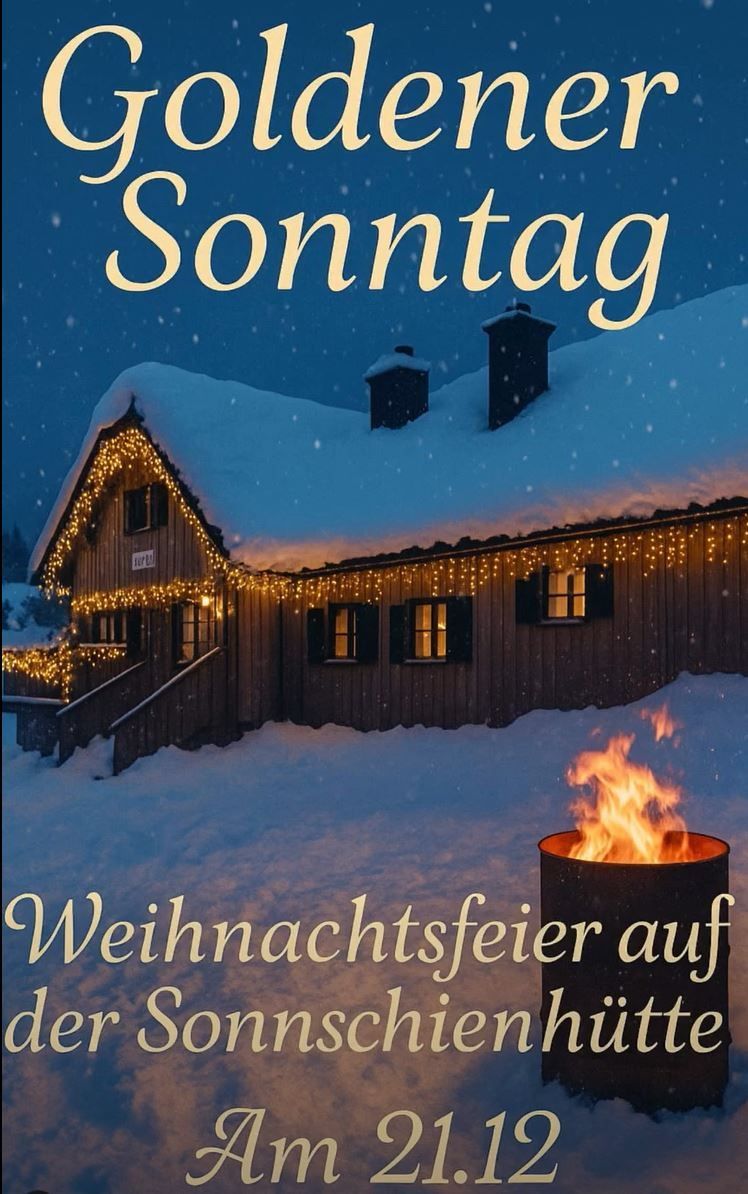 Ein mit Schnee bedecktes Haus mit Weihnachtslichtern, einem Schornstein und einem Feuerkorb im Vordergrund. Der Text lautet 'Sonntag' und 'Weihnachtsfeier auf'.