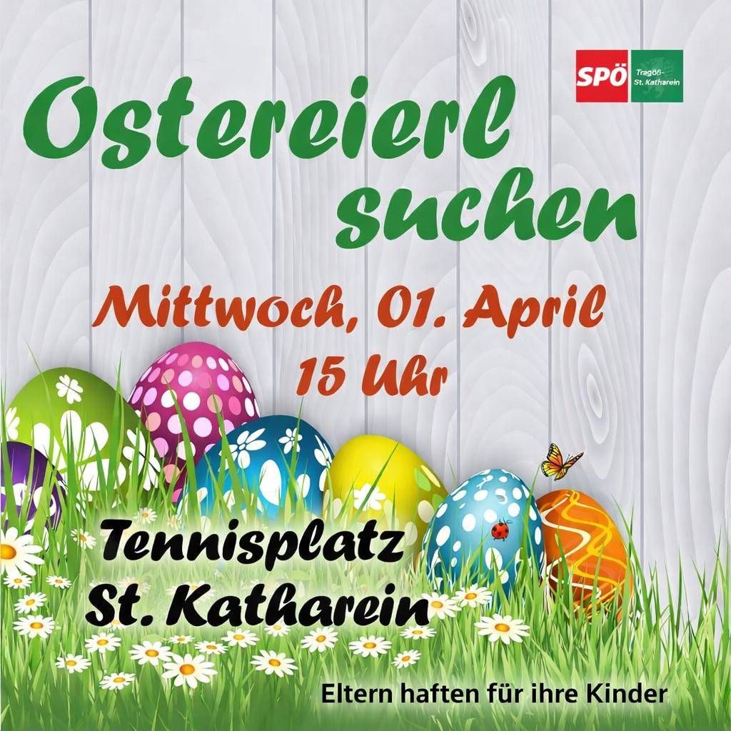 Am 1. April um 15 Uhr findet eine Ostereiersuche auf dem Tennisplatz von St. Katharina statt. Eltern sind eingeladen, ihre Kinder zu begleiten.