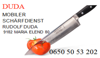 Ein Bild zeigt ein großes Messer mit der Aufschrift 'DUDA', das eine Tomate schneidet. Darunter stehen die Worte 'Mobiler Schärfdienst Rudolf Duda' und die Telefonnummer 0650 50 53 202.