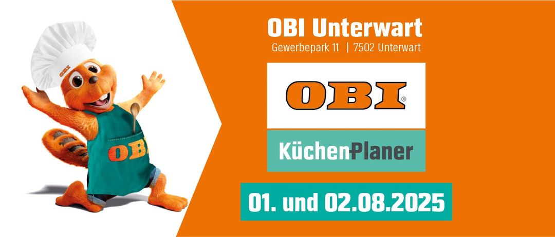 OBI Unterwart Plakat mit einer Cartoon-Figur, mit dem Datum 01. und 02.08.2022, und dem OBI-Logo.