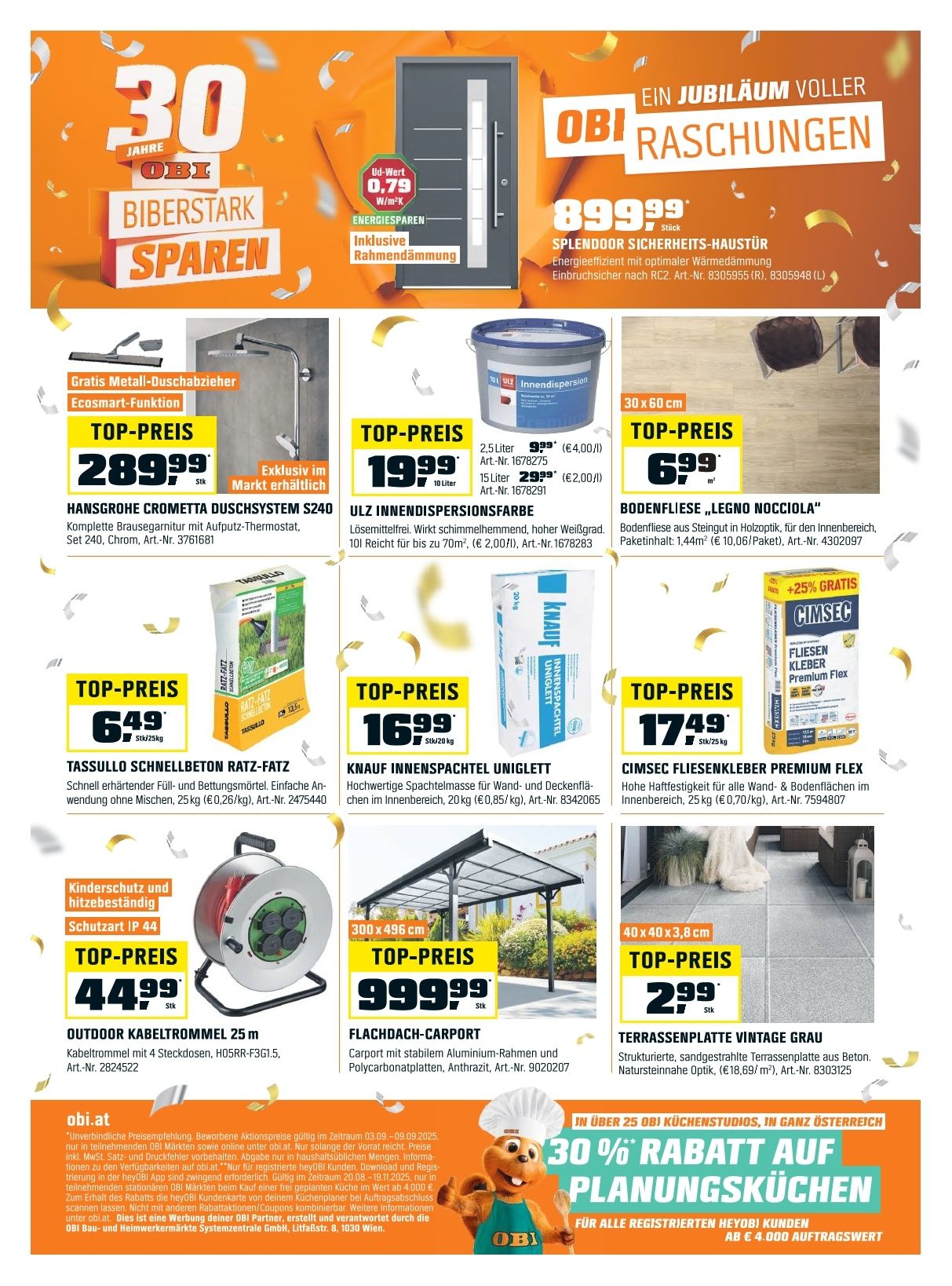 Werbeanzeige für ein Heimwerkergeschäft mit Produkten wie Duschsystem, Farbe und Bodenbeläge. Produkte sind mit Preisschildern und Werbeangeboten hervorgehoben. Produkte umfassen ein Hansgrohe-Duschsystem, ULZ-Farbe, Tassullo-Rattan-Aufbewahrungsbox, Knauf-Gipskartonplatten und CIMSEC-Fliesen.