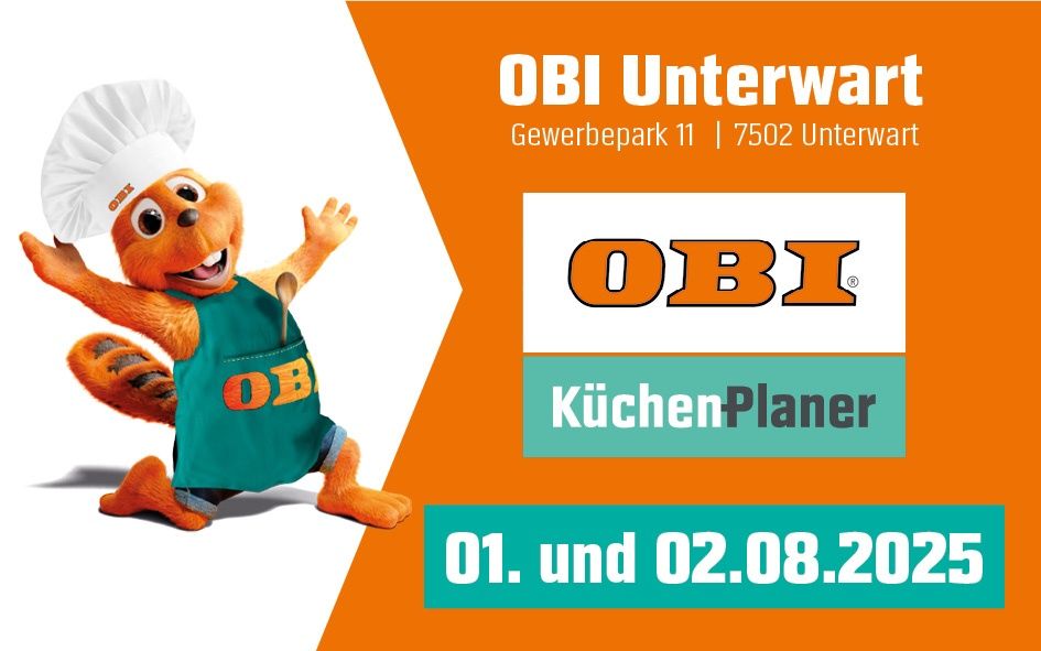 OBI Unterwart Werbung mit einem Eichhörnchen-Maskottchen, KüchenPlaner Logo, Standortdetails und Daten.