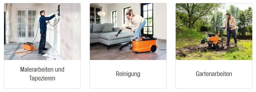 Drei Bilder eines Mannes, der einen Staubsauger benutzt. Das erste Bild zeigt Malerarbeiten und Tapezieren. Das zweite zeigt eine Frau beim Putzen. Das dritte zeigt Gartenarbeit.