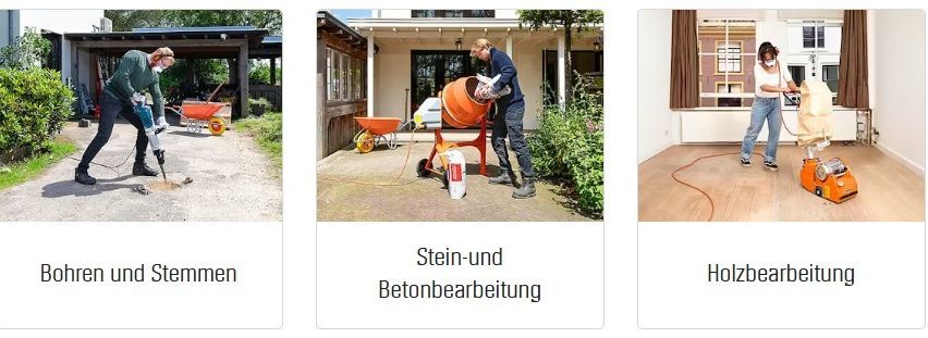 Drei Bilder zeigen Heimwerkeraufgaben. Erstens, eine Person benutzt eine Bohrmaschine im Freien. Zweitens, eine Person mischt Zement in einer Maschine. Drittens, eine Person poliert Holz im Innenbereich.